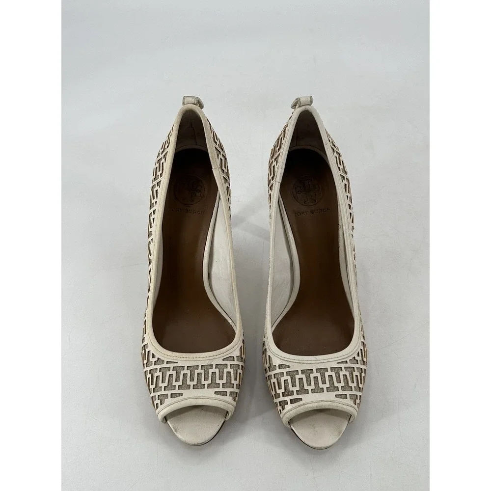 TORY BURCH‎ REGAN LEATHER WHITE OFF HEEL PUMP OPEN TOE SIZE 10.5